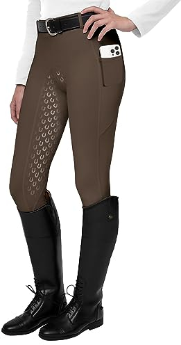 FitsT4 Sports Horse Riding Leggings Ladies Women Silicon Full Seat Jodhpurs Equestrian Gym Yoga Tights Breeches Equine,Brown,L