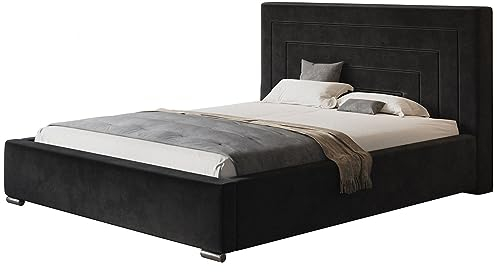 AlpiMeble Polsterbett Nizza mit Kopfteil, 160x200 cm, Doppelbett mit Bettkasten und Lattenrost aus Holz, Velourstoff Schwarz