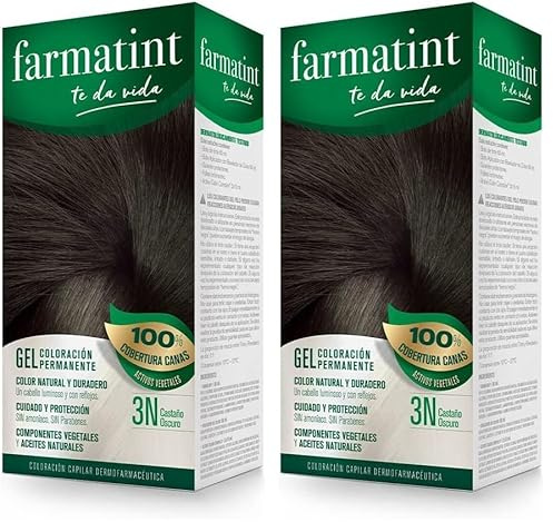 Farmatint Gel 3N Castaño Oscuro, Tinte Vegetal Permanente, Sin Amoníaco, Cobertura Completa de Canas, Cuida y Protege tu Cabello, Unidad de 135ml, El embalaje puede variar (Paquete de 2)