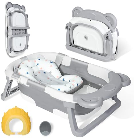 Orzbow Bañera Plegable Bebé,Estable Banheira Bebe con Adaptador Bañera Bebe,Cepillo de Baño y Gorro de Ducha,Patas antideslizantes,para Bebés de 0 a 24 Meses (Gris)