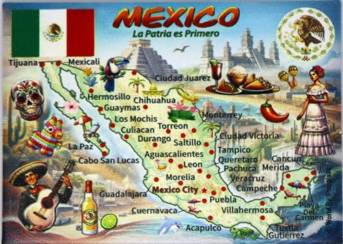 World By Shotglass Mexico Graphic Map and Attractions Souvenir Fridge Magnet 2.5 X 3.5