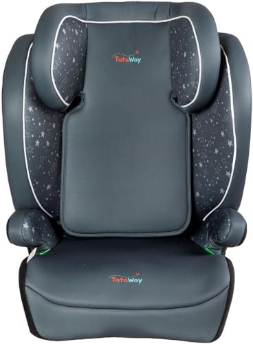 Tataway -Autositz mit ISOFIX-Befestigung für Kindersicherheit mit einer Höhe von 100 bis 150 cm mit Grafiken auf grauem Hintergrund