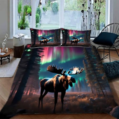 Ruiqieor Bettwäsche 135x200cm,Aurora Borealis, Elch Motiv Bettwäsche Set 3teilig,1 Bettbezug+2 Kissenbezug 80x80 cm,3D Tier gedruckte Junge Mädchen Bettwäsche（#7）