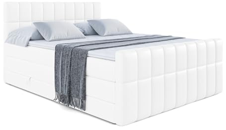 ALTDECOR Boxspringbett mit Matratze und Lattenrost, Topper, Fußteil,Polsterbett mit Bettkasten, Bett mit Stauraum H3- und H4- Matratze, Doppelbett - Miami-Z King - 180x200 - Weiß Kunstleder