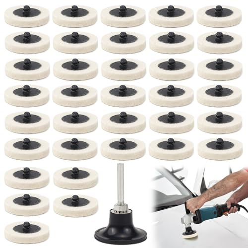 FAELNK 2 Zoll 50mm Wollfilz Polierscheibe 35 Stück Komprimiertes Wolle Schleifscheiben + 1 pcs Disc Pad Halter Tellerhalter für Reinigungs und Polierarbeiten