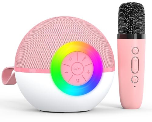 Karaoke Machine for Kids Adults, Toys with wireless microphone Mini Portable Bluetooth Speaker with 5 Voice Changing Effects & LED Light, Christmas Birthday Gifts for 4-12 Girls Boys (Pink-1 Mic)