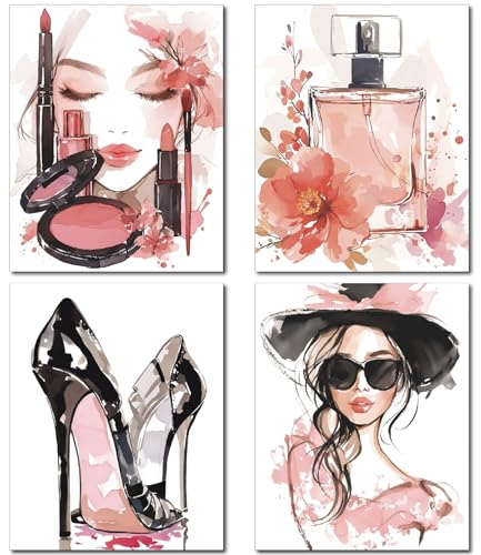 CREATCABIN 4 pièce de Maquillage Rose - Impression sur Toile - Femme Tendance - Décoration Aquarelle - Talons Hauts - Parfum - Beauté - Décoration Murale pour Chambre à Coucher 25x20cm sans Cadre