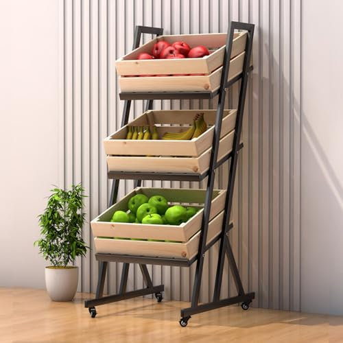 ZJKXJH 3 Schichten Holzregal mit Rädern, Supermarkt-Snackregal-Wagen für Obst- und Gemüseerzeugnisse, Convenience Store Lebensmittel- und Getränkehalter für Geschäft/Haus/Küche(Wooden)