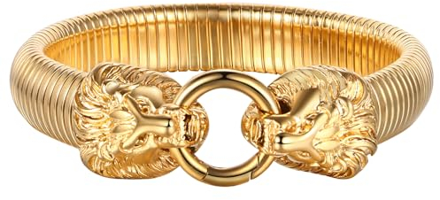 Flongo Armband mit Löwe für Damen Herren: Gold Löwenkopf Armreif Edelstahl Verstellbar Elastisch Verschluss Armkette Goth Viking Biker Link Bully Chunky Armspange Männer Frauen