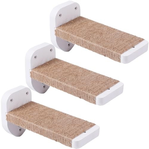 COOLEX 3pcs Cat Wall Steps, Cat Climbing Wall Mounted Cat Furniture, Cat Wall Shelves Cat Steps for Wall with Hemp Rope Covered, Solid Wood Cat Ladder for Cats Playing and Climbing (Standard-White)