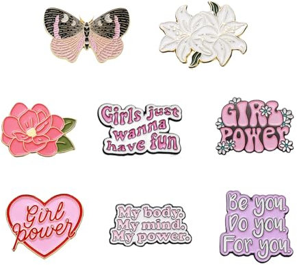 Nayyana 8 Stück Emaille-Anstecknadel für Frauen, Girl Power, ästhetische süße Blumen-Emaille-Anstecknadel, rosa, adrette Feminismus-Emaille-Anstecknadel, Frauen-Empowerment-Brosche
