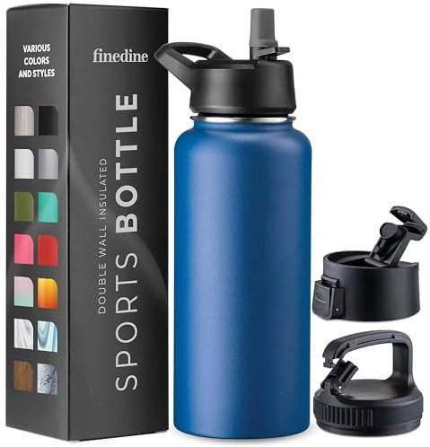 950 ML Triple Walled, Insulated Water Bottles with Straw - Stainless Steel Metal Bottle W/ 3 Leak Proof Lids - for Travel, School, Sports, Gym/Men, Women & Kids (Majestic Sapphire)