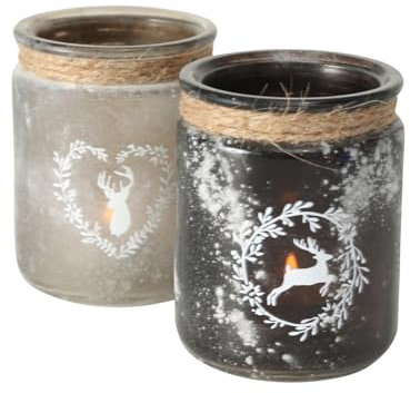 ReWu Windlicht Hirsch Kerzenhalter Teelichthalter Hirsch-Motiv Glas Matt Kerzenhalter 2-er Set Beige Grau Wohndekoration Dekoration Tischdekoration 8 x 10 cm