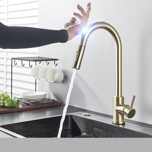 KHLMSRXJ Pull Out Gold Kitchen Faucet Sensitive Touch Control Faucet Mixer for Kitchen Touch Sensor Kitchen Mixer Tap,Sensor,Brush Gold,1
