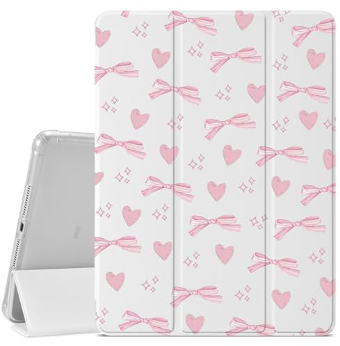 Cute Pink Bow Design Case for iPad 9th/8th/7th Generation 10.2 Inch (2021/2020/2019 Release),Girly Protective Case,Pencil Holder & Clear Transparent Soft TPU Back & Trifold Smart Pad White Cover
