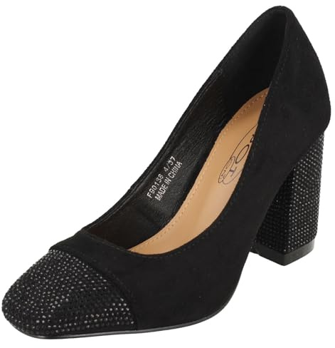 Spot On Ladies Diamante Heel and Toe Cap Court Shoes F90138 - Black Microfibre - UK Size 8 - EU Size 41 - US Size 10