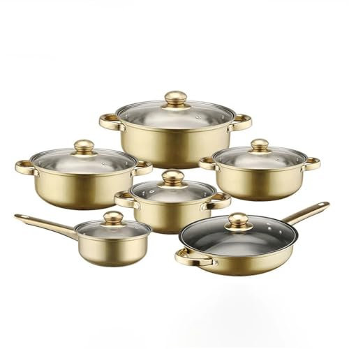 HJZSZX Kitchware Pots Set 12 Piece Colorful Non-Stick Gold Plated Handle cookware Set pots Stainless Steel Soup Pot,Golden,12 pc
