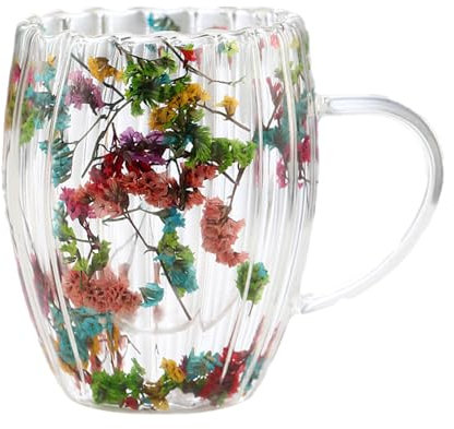 Tazas De Cafe Con Flores Secas, Taza De Vidrio De Doble Pared, 300ml Taza De Café De Vidrio Con Diseño De Flores Secas, Tazas De Vidrio De Doble Pared, Tazas De Café De Vidrio De Doble Pared