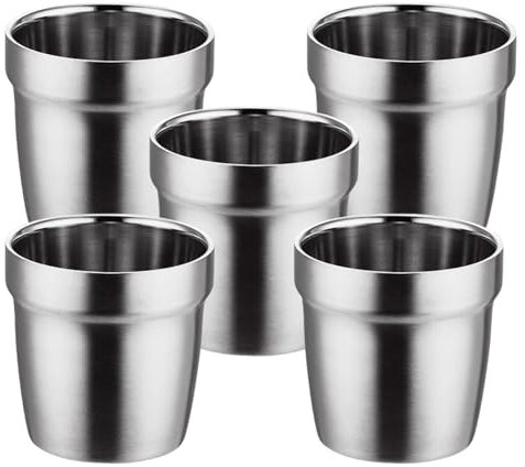 PKRANZYHKAL Tasse Inox Mug Café Double Paroi | Gobelet Inox Moderne | Tasse Escalade en Métal | Idéal pour Boissons Chaudes et Froides,STEP,SILVERY,175ml,Set of 5