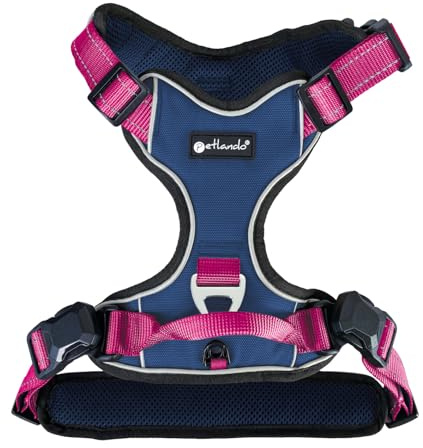 Petlando Hundegeschirr Magnetech– Innovative Magnetschnalle, mit Griff, Zwei D-Ringe, reflektierend, atmungsaktiv – Navy/Fuchsia, XS (Halsumfang 30-44cm, Brustumfang 38-46cm), sehr kleine Hunde