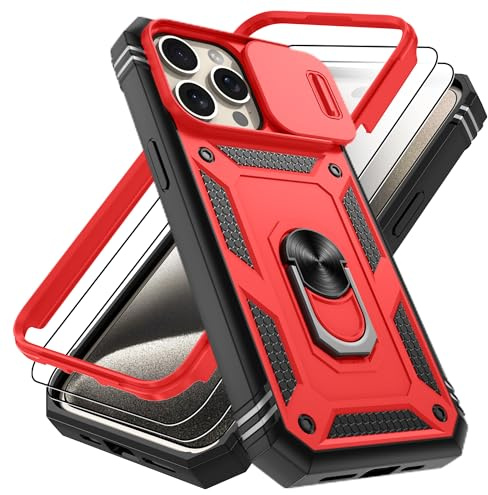 Pilaru 3 in 1 for iPhone 15 Pro Max Case |With Front Frame| 2 Screen Protector[Separate] & Kickstand Ring & Camera Cover Military Grade Drop Shockproof Protection for iPhone 15 Pro Max,Red/Black