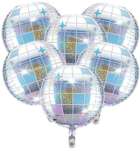 Larrel 6 Stück Discokugel Luftballon, 22 Zoll 4D Silber Disco Folienballons DiscoDeko Helium Ballon Discokugel Cooles Partyzubehör für DiscoGeburtstag Abschlussball Silvester Disco Abschlussball