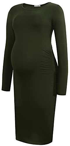 Smallshow Women's Long Sleeve Maternity Dress Ruched Pregnancy Clothes,Army Green,XL