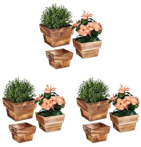 Relaxdays Blumentopf im 3er Set, geflammtes Holz, für außen & innen, viereckig, Deko für Pflanzen, Pflanzengefäß, Natur (Packung mit 3)