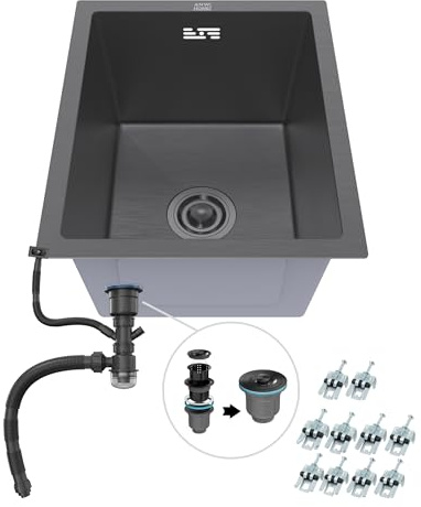 ANW HOME Fregadero Cocina 1 Seno 37x45 cm, Grafito PVD | Bajo Encimera, Revestimiento Nano, Grosor 3,0+1 mm, Con Sifón