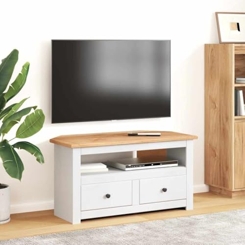 TV-Eckschrank Kiefer massiv weiß 93x49x49 cm mit 2 Schubladen und offenem Fach TV-Möbel für Wohnzimmer