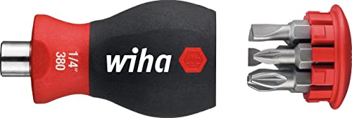 Wiha Schraubendreher mit Bit Magazin magnetisch Schlitz, Pozidriv mit 6 Bits, Stubby, 1/4 in Blister (33746)