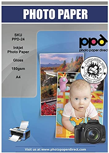 PPD 100 x A4 Inkjet Premium Fotopapier 180g Hochglänzend, Sofort Trocken und Wasserfest PPD-24-100