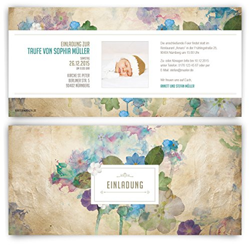 Einladungen (20 Stück) zur Taufe Vintage Blumen Aquarell Geburt Einladungskarten mit Foto