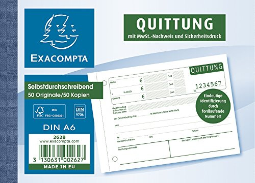 Exacompta 262B Quittungsblock DIN A6 mit 50 Blatt selbstdurchschreibend durchnummerierte Blätter
