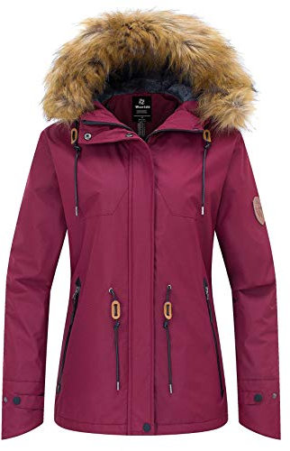 Wantdo Femme Veste de Ski Coupe-Vent Imperméable Manteau Hiver Chaude Polaire Veste Sport Outdoor Montagne Anorak Randonnée Multi-Poches Rouge Vineux L