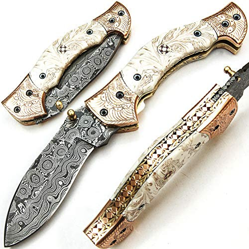 MESSER UND MESSER SJPJ 9565 Couteau de poche lame en acier damas personnalisé à la main avec gaine billet chef cuisine maison jardin collectable bar camping pliant