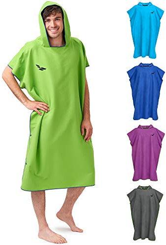 Fit-Flip Strandponcho für Surfer - Poncho Handtuch schnelltrocknend aus Mikrofaser - Umkleidehilfe Strand - Surfponchos Ultraleicht - Badeponcho für Erwachsene (Größe M, Grün/Dunkelblau)