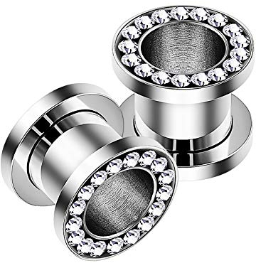KJM FASHION 2 Stk Steel Schraube 8 mm 0gauge Fleischtunnel klar Kristall besetzter Ohr Tunnel Ear Flesh Plugs Dehner Stecker Ringe Expander Piercing Schmuck 5380