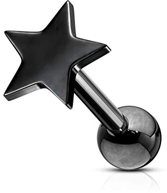 beyoutifulthings 1 Knorpel Ohr-stecker Flat-Top Stern Cartilage Labret Piercing-s Tragus Schwarz Edelstahl Schraub-Verschluss Steg 6,5/1,2mm