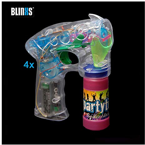 BLINXS 4 Stück LED Seifenblasen-Pistole / Bubble Shooter - transparent - Multicolor - inklusive Seifenblasen-Flüssigkeit und wechselbaren Batterien - für Party Fasching und Events