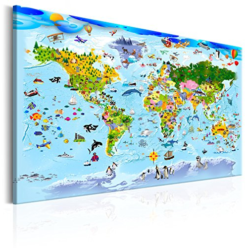 B&D XXL Weltkarte Pinnwand & Vlies Leinwand Bild 120x80 cm XXL Bilder mit Kork Rückwand 1 teilig Kunstdruck Korktafel Korkwand Memoboard Pinboard Wandbilder für Kinder e-A-0101-p-a