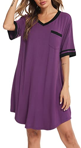 Vlazom Camicie da Notte da Donna Estate Vestito Lunga Morbido Traspiranti Scollo V Maniche Corta,Viola,L