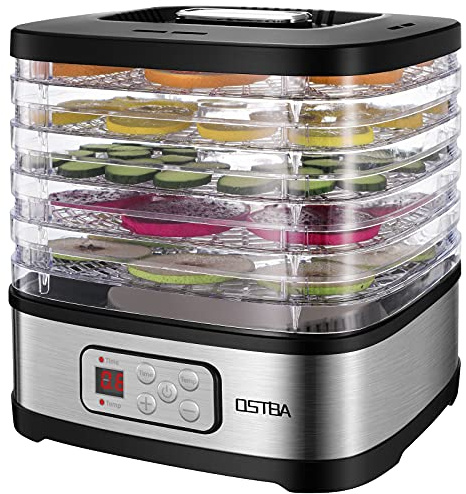 OSTBA Food Dehydrator Machine Adjustable Temperature & 72H Timer, 5-Tray Dehydrators for Food and Jerky, Fruit, Dog Treats, Herbs, Snacks, LED Display, 240W Electric Food Dryer, Recipe Book