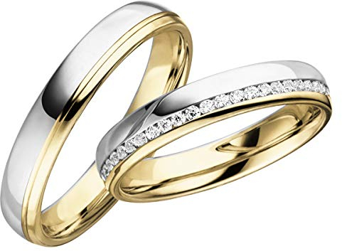 JC Trauringe Silber 925 Paarpreis Eheringe Gelbgold Weißgold Plattiert 4,0 mm breit I Partnerringe mit Gravur in edler Schatulle I 2 Hochzeitsringe Herrenring ohne & Damenring mit Steinen I LC125-P-2