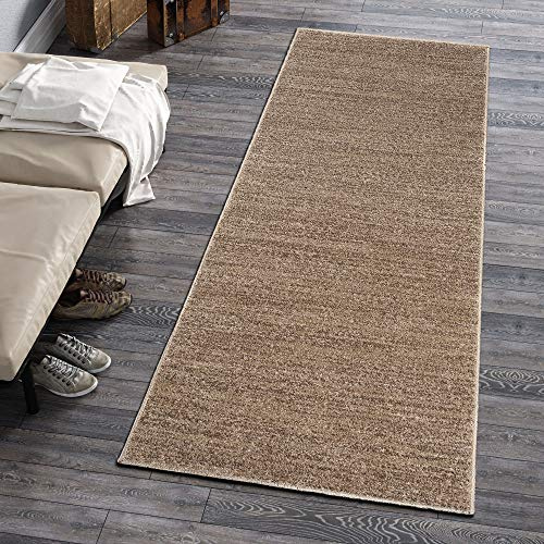 Carpeto Rugs Teppich Läufer Flur - Modern Teppichläufer - Kurzflor, Weich - Flurläufer für Wohnzimmer, Schlafzimmer - Teppiche - Meterware - Beige - 120 x 400 cm