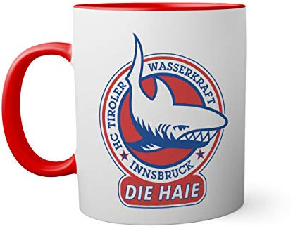 Ice Hockey Team Hc Tiroler Innsbruck Die Haie Eishockey Tasse innen und am Henkel rot außen weiß Mug 330ml