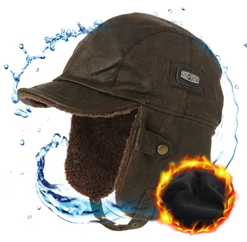 Comhats warme Trappermütze mit Kunstleder Hut Unisex Fliegermütze Fellmütze Erwachsenen für Herren Kaffeebraun 56CM