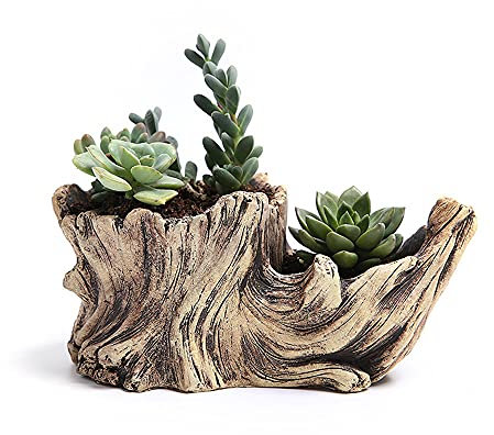 DIYOMR Macetas de cemento de madera flotante de imitación de tronco de hormigón para flores suculentas (8.3 pulgadas de largo x 4.7 pulgadas de ancho x 3.5 pulgadas de alto, color entinto)