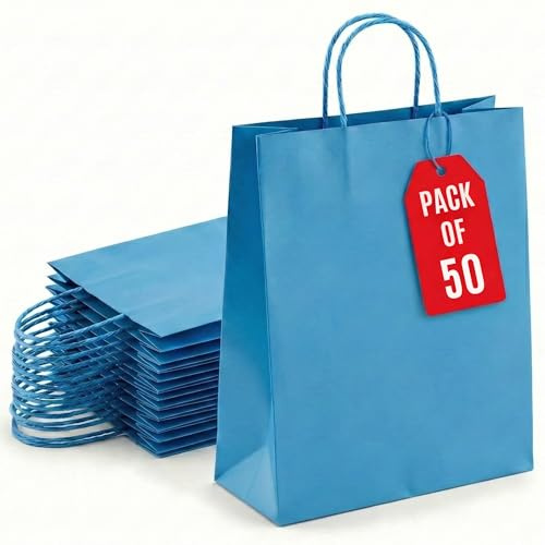 Kids Party Bags - 50Pcs Wrinkle Free Paper Party Bags with Twisted Handles - Blue Party Bags, 100gsm Strong Recyclable Gift & Kraft Bags for Birthdays & Baby Showers 24×18×8cm