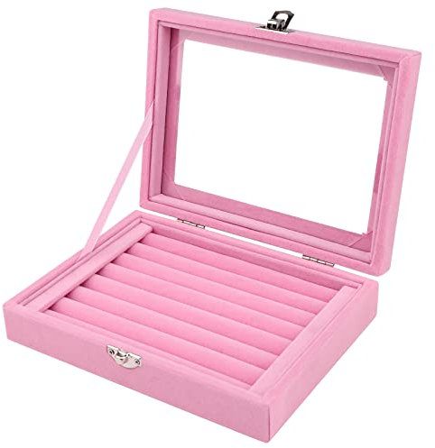 Samt Schmuckkasten Schmuck Organizer für Ringohrring Halskette Schmuck Display Box Aufbewahrungsbox Schmuck Vitrine mit Deckel für Frauen Mädchen Pink